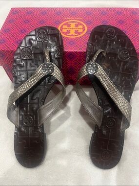 Tory Burch Metallic Bronze Textured Logo Flip Flop Sandals
